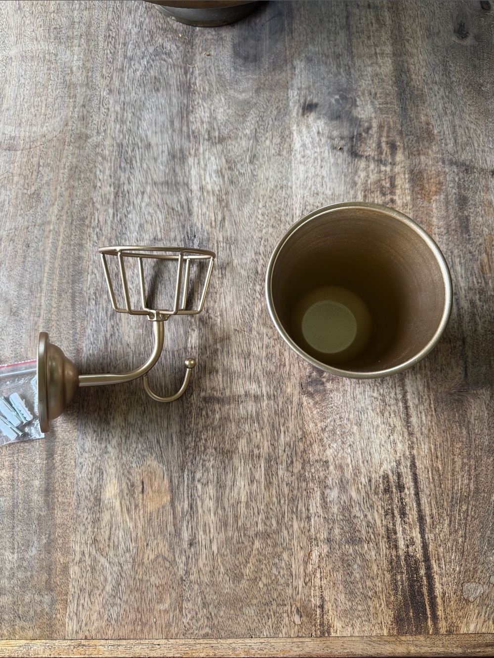 Gold Wall Hook Planter with Decorative Basket and Single Hook - Picture 2 of 3